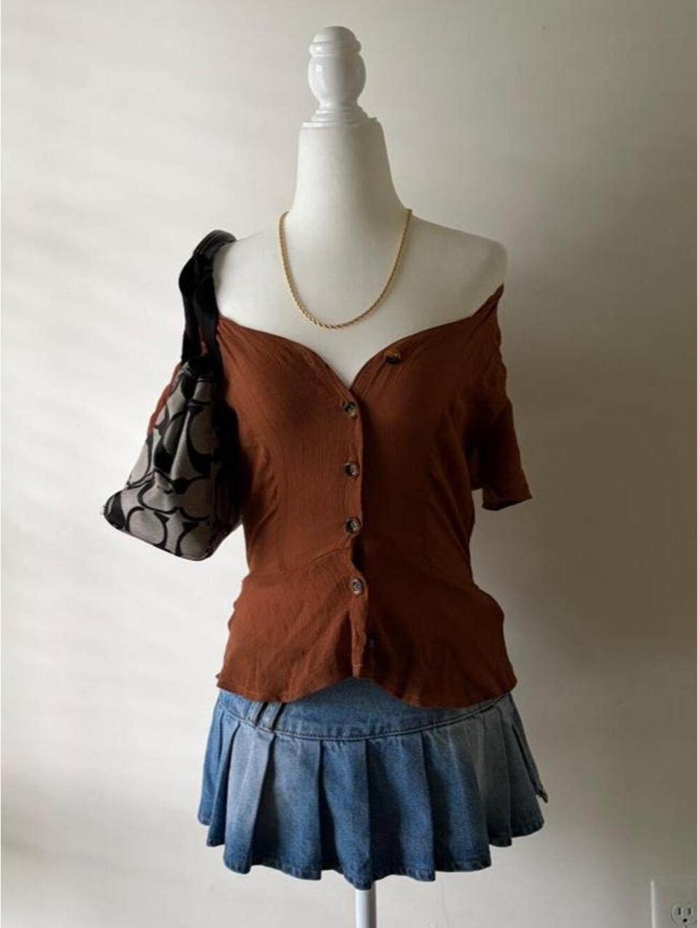Y2K Cinnamon Brown Off Shoulder Button Front Top | Fairycore Boho Babydoll